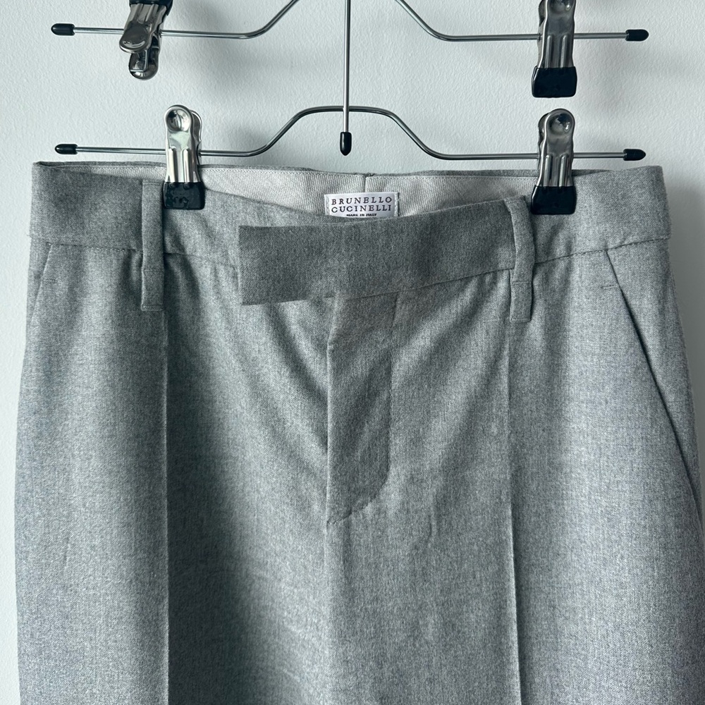 Brunello Cucinelli Virgin Wool Flannel Loose Flared Grey Trousers Monili Small